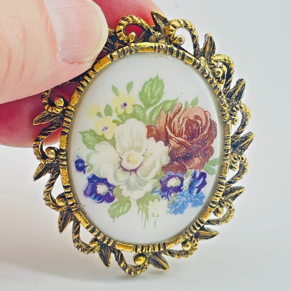 Vintage Floral Porcelain Brooch Gold Tone Oval Frame Romantic Flower Statement
